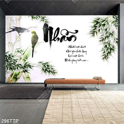Tranh thư pháp treo tường đôi chim non bên chữ nhẫn
