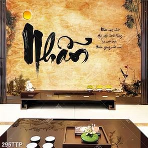 Tranh thư pháp in canvas ánh trăng vàng và chữ nhẫn