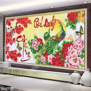 Tranh thư pháp psd chim công phú quý cát tường