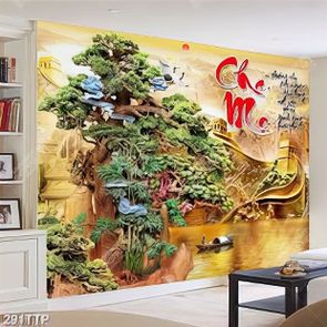 Tranh thư pháp in uv người lái đò trên con sông