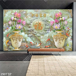 Tranh thư pháp trang trí bình hoa sen bên cá chép