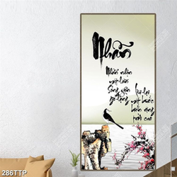 Tranh thư pháp in canvas cành hoa anh đào bên hồ