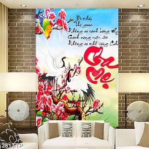 Tranh thư pháp trang trí đôi chim hạc bên hoa đào