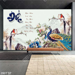 Tranh thư pháp treo tường chữ đức bên đàn chim