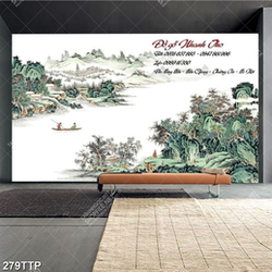 Tranh thư pháp in canvas dòng sông dưới chân núi
