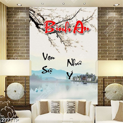 Tranh thư pháp in 3d bình an vạn sự như ý bên hoa