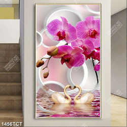 Tranh hoa lan và chim thiên nga nền 3D