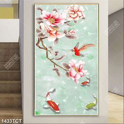 Tranh hoa mẫu đơn và chim nền đá