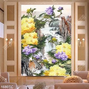 Tranh hoa mẫu đơn nền thác nước
