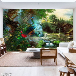 Tranh sơn dầu chim công và ngôi nhà