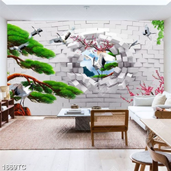 Tranh 3D cây tùng và chim Hạc dán tường đẹp