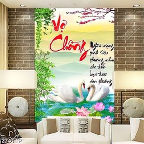 Tranh thư pháp trang trí đôi thiên nga trên sông