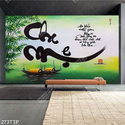 Tranh thư pháp in uv bụi tre xanh bên bờ sông