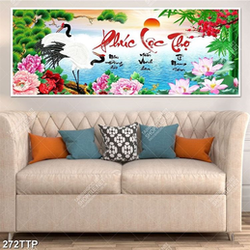 Tranh thư pháp trang trí đôi chim hạc bên sông