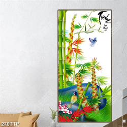 Tranh thư pháp in canvas chim non và tre xanh