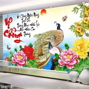 Tranh thư pháp nghệ thuật chim công và mẫu đơn