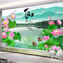 Tranh thư pháp in uv những cò bên đầm hoa sen