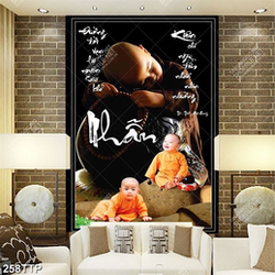 Tranh thư pháp trang trí chú tiểu bên chữ nhẫn