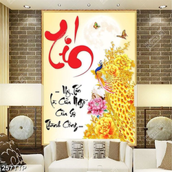 Tranh thư pháp in uv chú chim công bên chữ tín