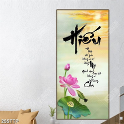 Tranh thư pháp treo tường chữ hiếu bên hoa sen