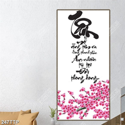 Tranh thư pháp in canvas chữ tâm bên hoa đào