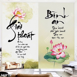 Tranh thư pháp trang trí câu đối bên hoa sen hồng