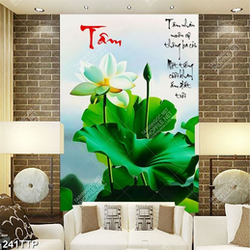 Tranh thư pháp in uv bông sen trắng bên chữ tâm