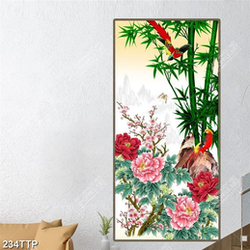 Tranh thư pháp in uv hàng tre xanh bên chim ri