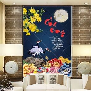 Tranh thư pháp trang trí ánh trăng bên đôi hạc