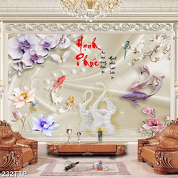 Tranh thư pháp treo tường đàn cá chép bên hoa