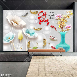 Tranh thư pháp in canvas đàn cá chép bên hoa