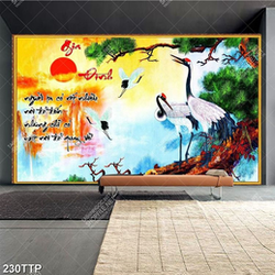 Tranh thư pháp nghệ thuật đôi chim hạc bên trăng