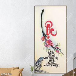 Tranh thư pháp in uv cành anh đào bên chữ lộc