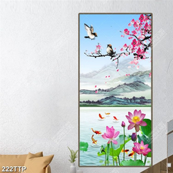 Tranh thư pháp in canvas hoa sen dưới cành đào