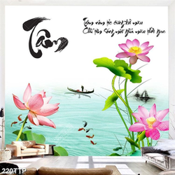 Tranh thư pháp in 3d đầm hoa sen bên chữ tâm