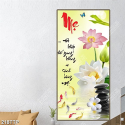 Tranh thư pháp in uv bông hoa sen bên chữ mẹ