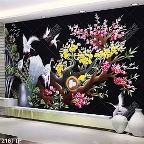 Tranh thư pháp treo tường đàn chim hạc và hoa