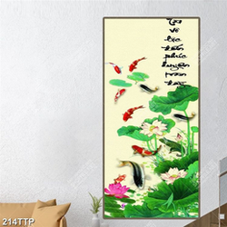 Tranh thư pháp nghệ thuật cá chép bên hoa sen