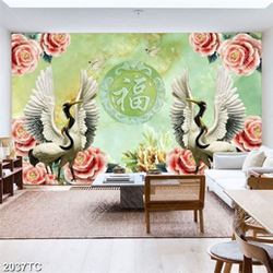 Tranh chim Hạc và hoa hồng in gạch đẹp