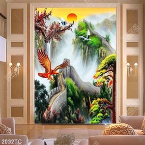 Tranh hoa đào vạn lý trường thành in kính đẹp