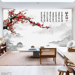 Tranh thư pháp hoa đào và cảnh quê hương
