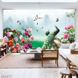 Tranh vườn hoa mẫu đơn và chim công