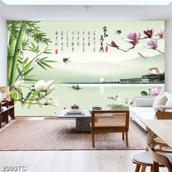 Tranh thư pháp hoa mộc lan và phong cảnh hữu tình