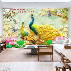 Tranh chim công và hoa Sen