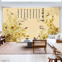 Tranh 3D tài lộc hoa mẫu đơn thư pháp