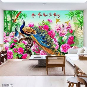 Tranh hoa mẫu đơn và chim công