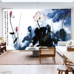 Tranh thư pháp cổ và hoa Sen