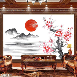 Tranh hoa đào và núi