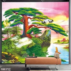 Tranh sơn dầu cây từng và chim hạc