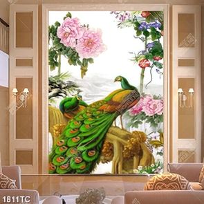 Tranh chim công trên cây và hoa mẫu đơn